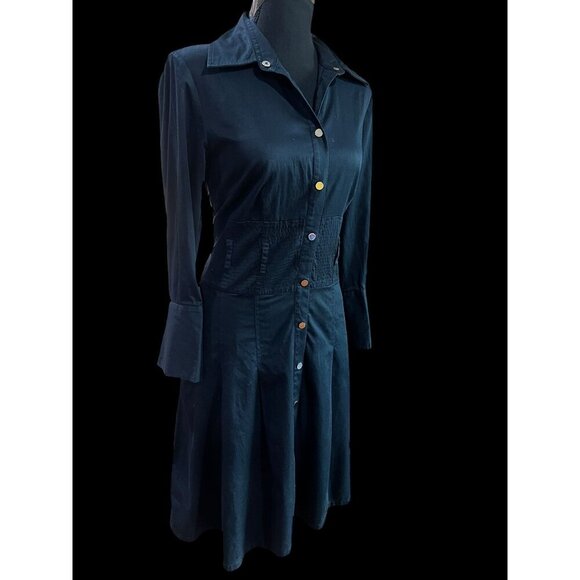 ALFANI ButtonUp Long Sleeve Fit & Flare Dress WOMEN, MED Navy Blue Pleated Skirt - Picture 2 of 9